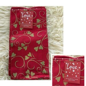 ❤️ Set/3 Valentines Red and Gold Cotton Kitchen Towels